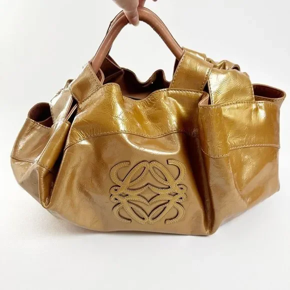 LOEWE Aire Bronze Gold Metallic Patent Leather Bag Medium Top Handle Crinkled - Picture 10 of 15
